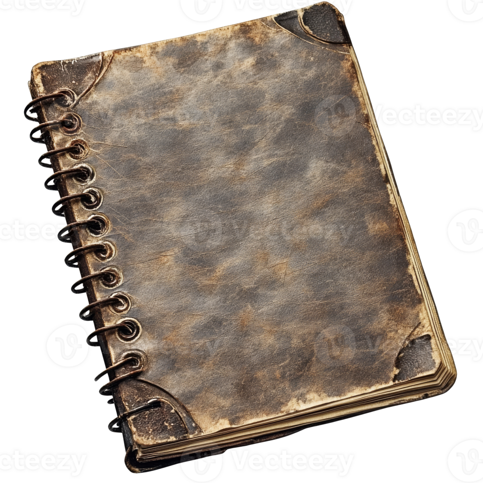 Vintage spiral notebook with worn cover and pages png