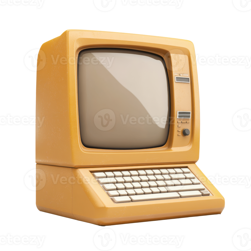 Classic vintage computer with keyboard and monitor png