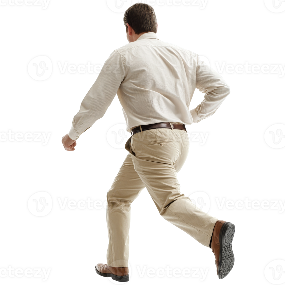 Man walking briskly in a light colored outfit png