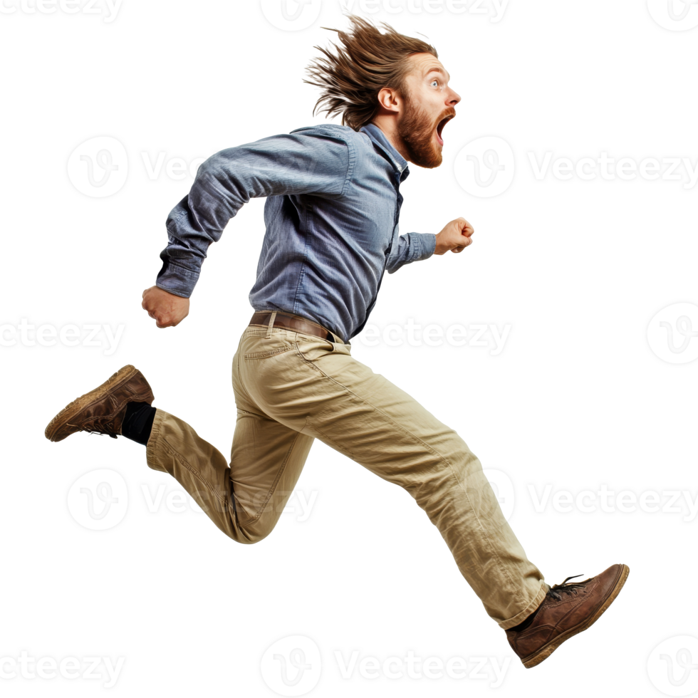 Enthusiastic man runs on white background png