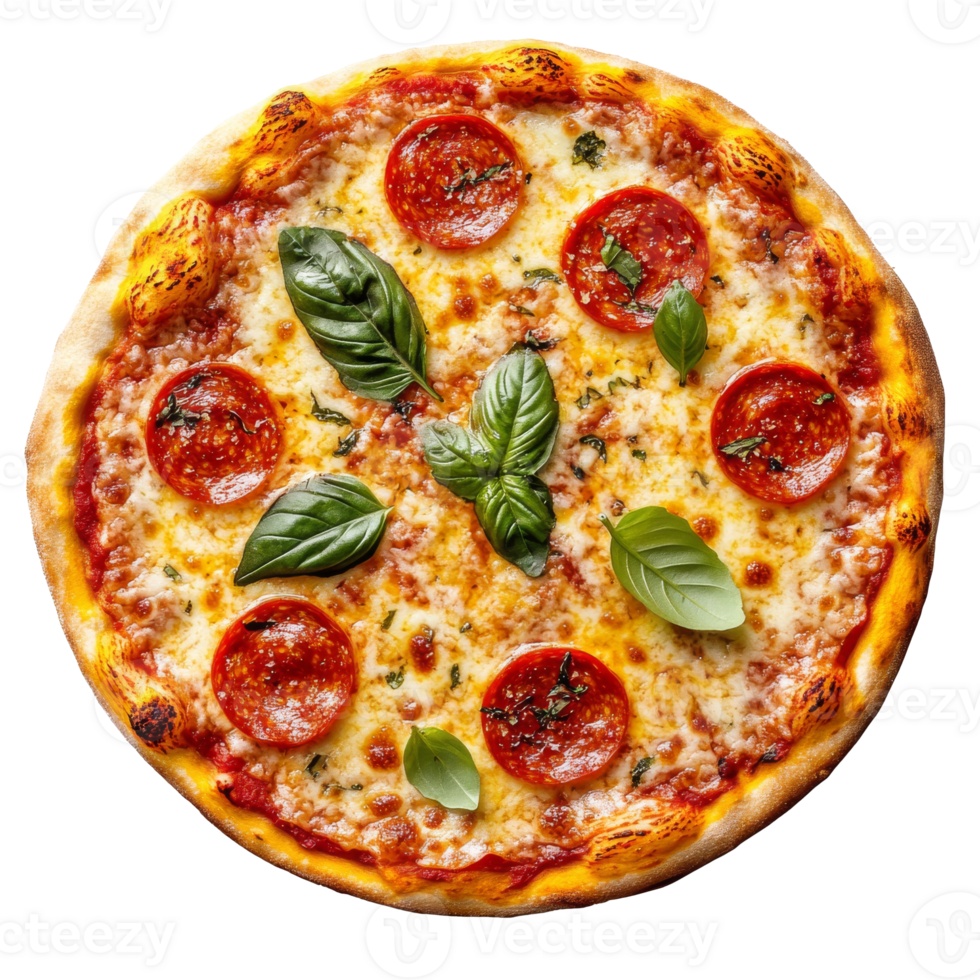 Savory pepperoni pizza topped with fresh basil png