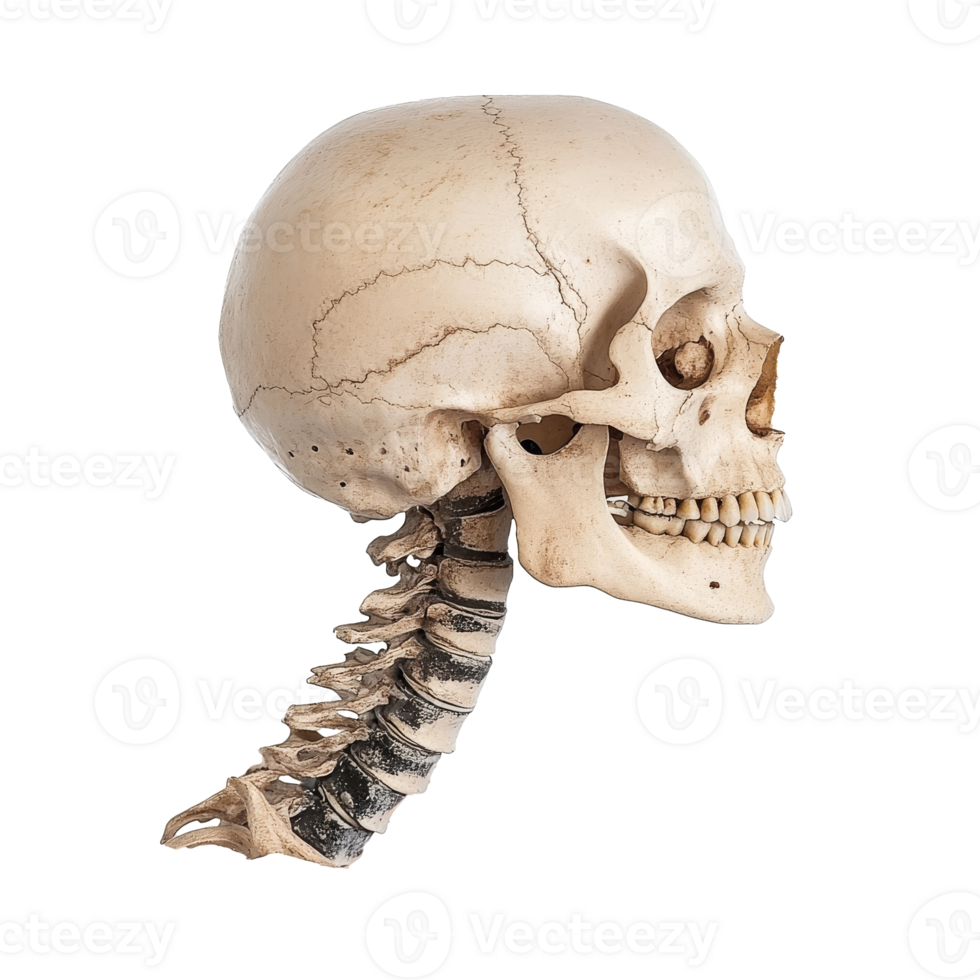 Human skull and cervical spine model displayed png
