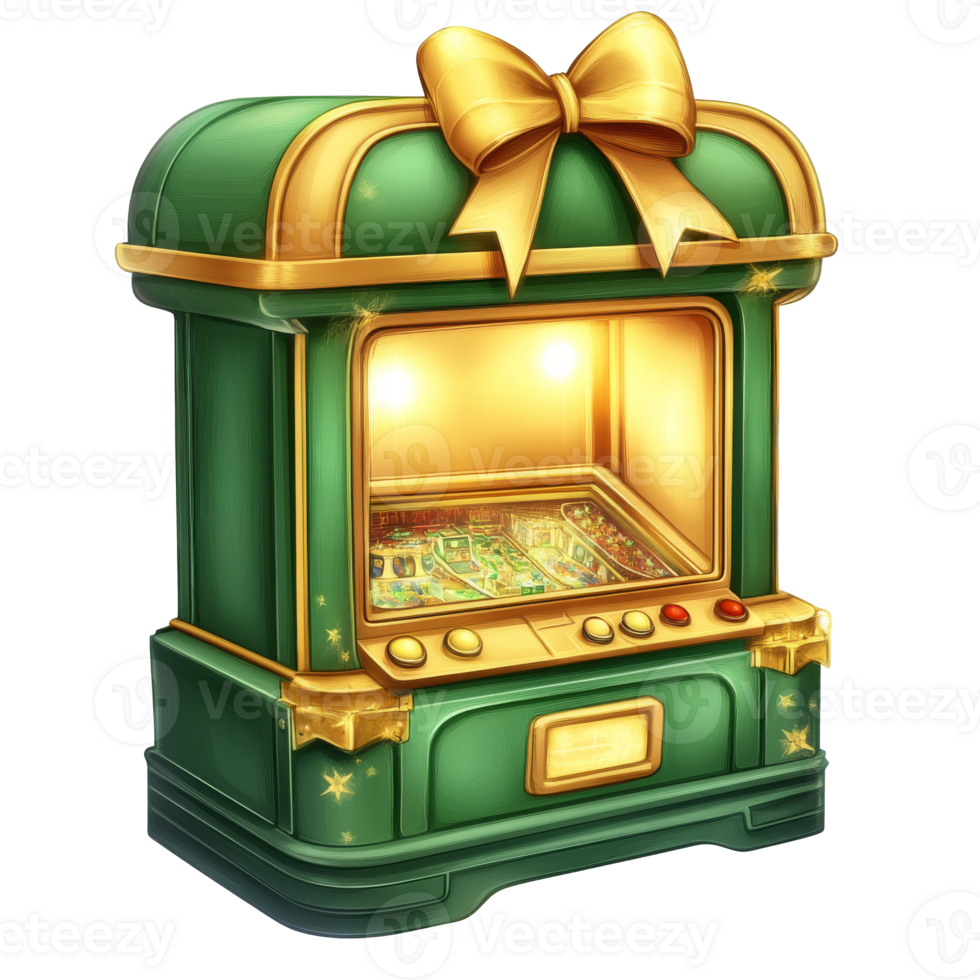 Green slot machine with a golden bow detail png