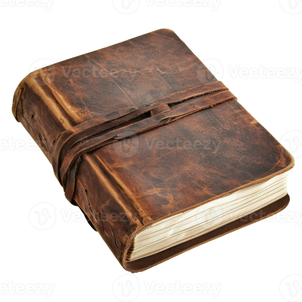 Leather bound journal on a wooden surface png