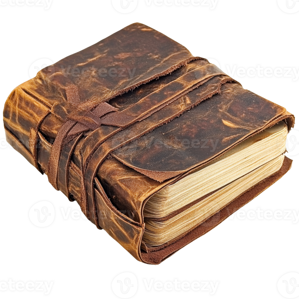 Worn leather journal in cozy space png