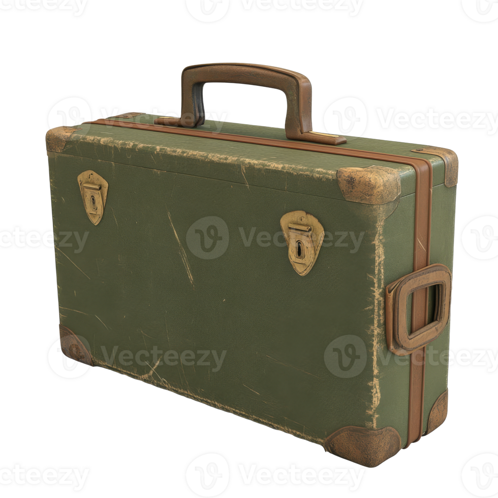 Vintage green suitcase with worn leather accents png