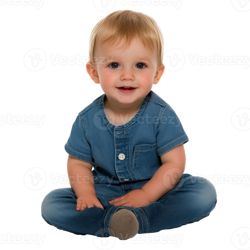 Cute toddler in denim sitting on white background png