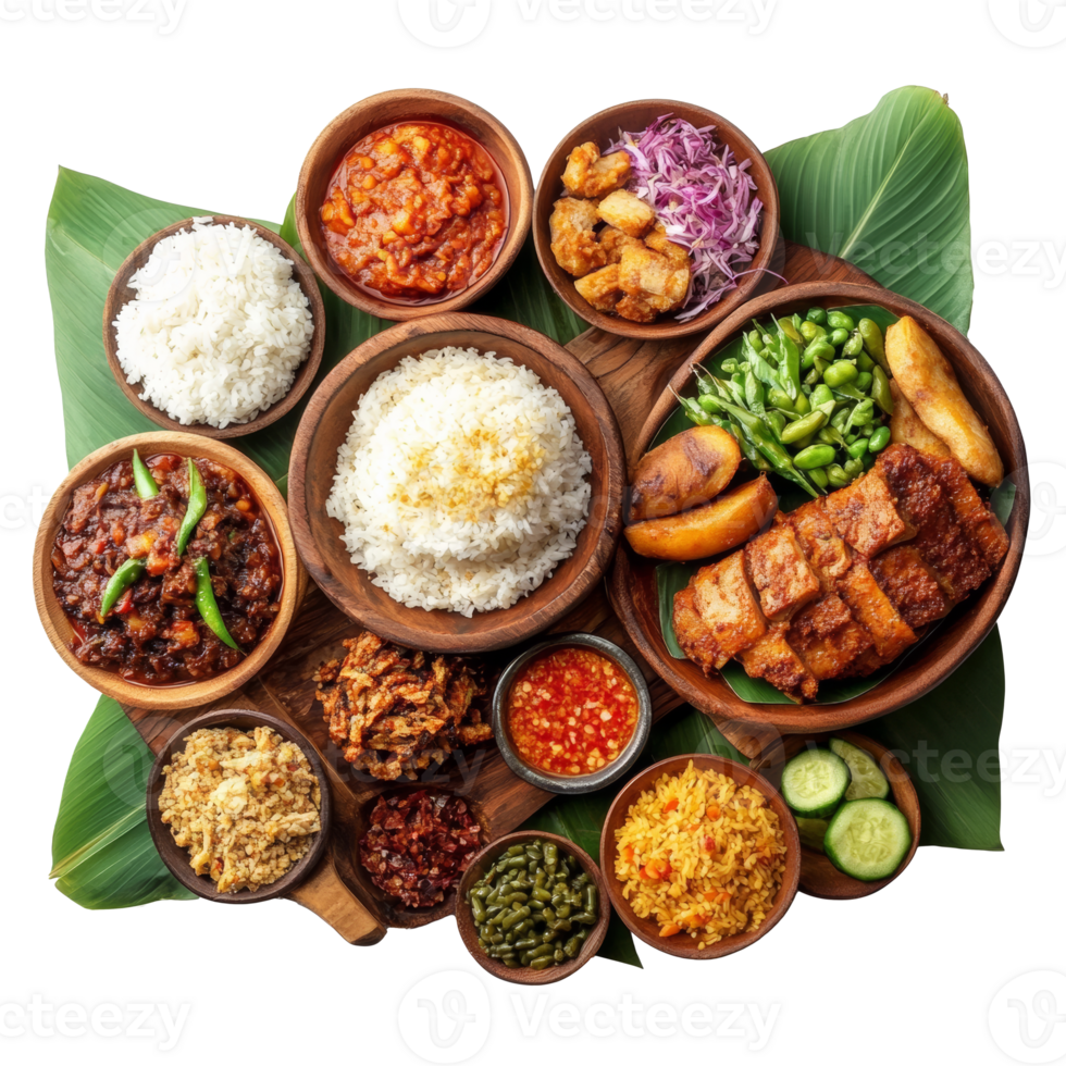 Malaysian feast with rice and dishes png