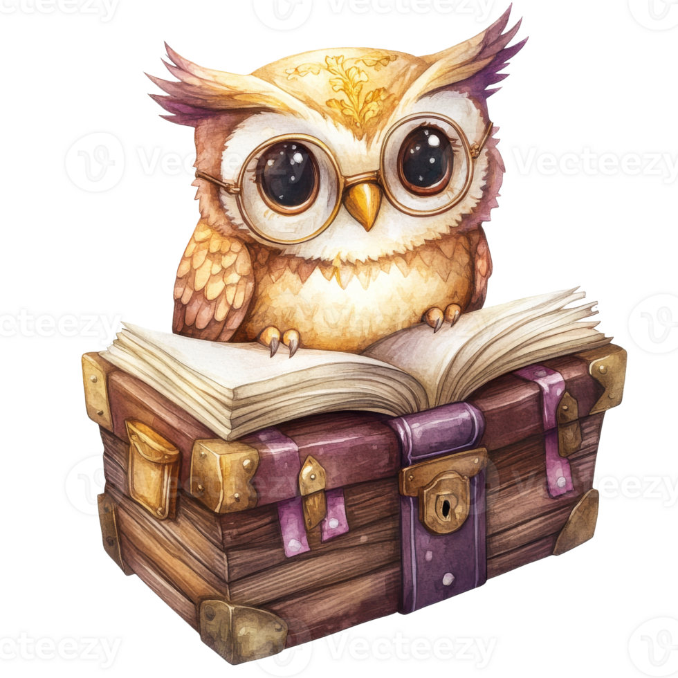 Owl reading on a treasure chest png