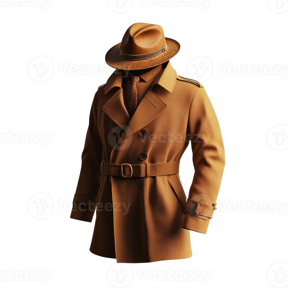 Trendy brown trench coat and hat display png