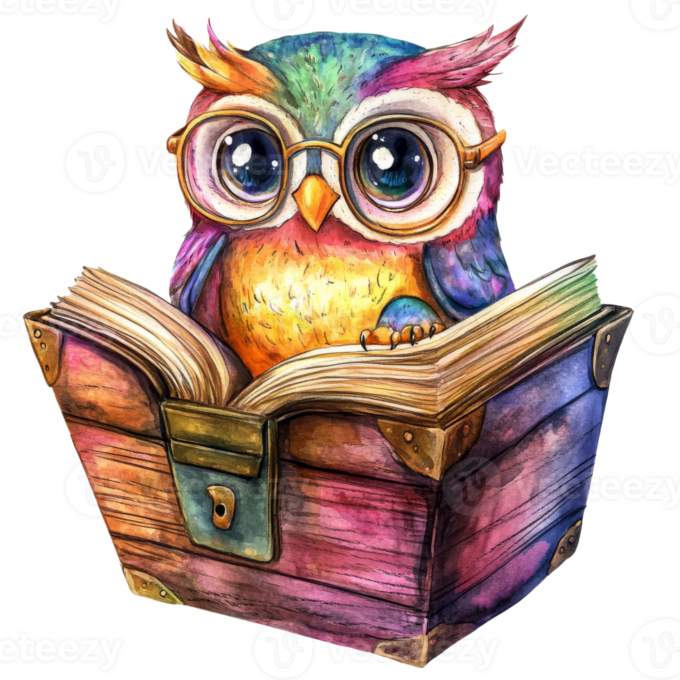 Colorful owl reading a book with a treasure chest png