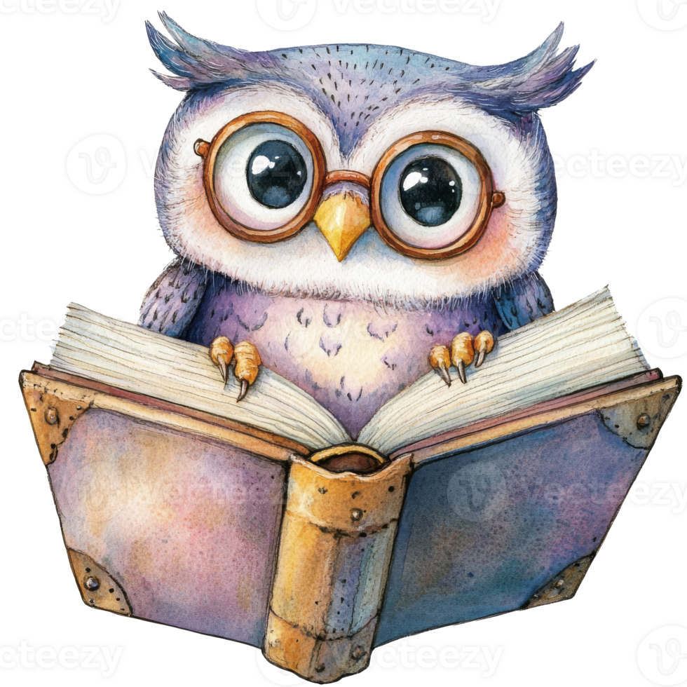 Cute owl reading a book with big glasses png