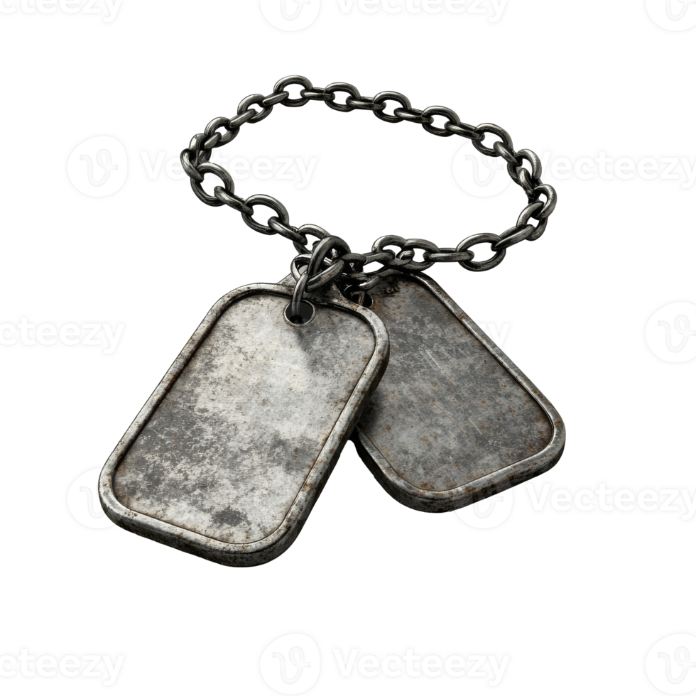 Metal dog tags hanging from a chain bracelet png