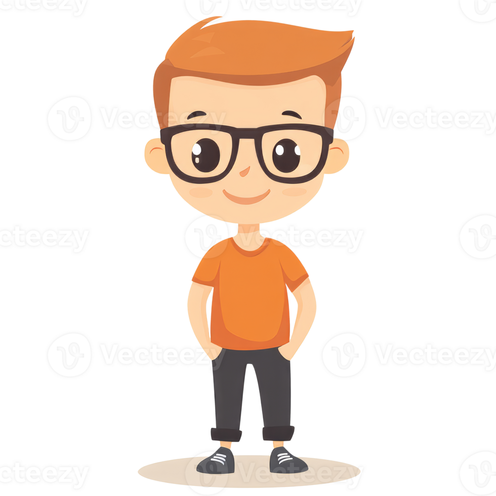 Boy in glasses stands confidently in orange png