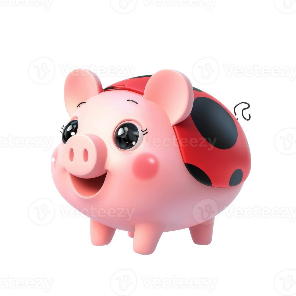 Cute pink pig toy designed as a ladybug character png