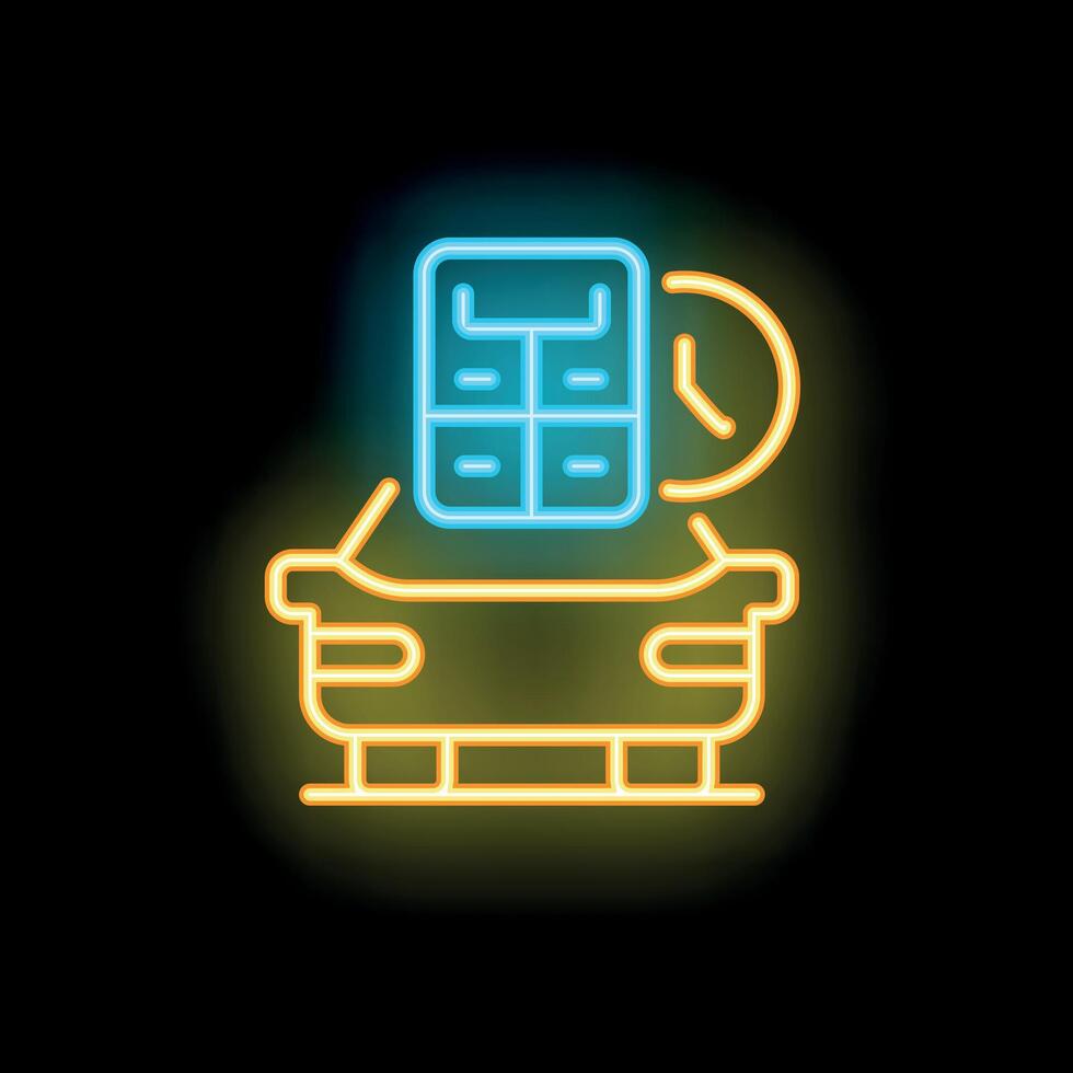 Neon sign representing car sharing service with clock and car silhouette vector