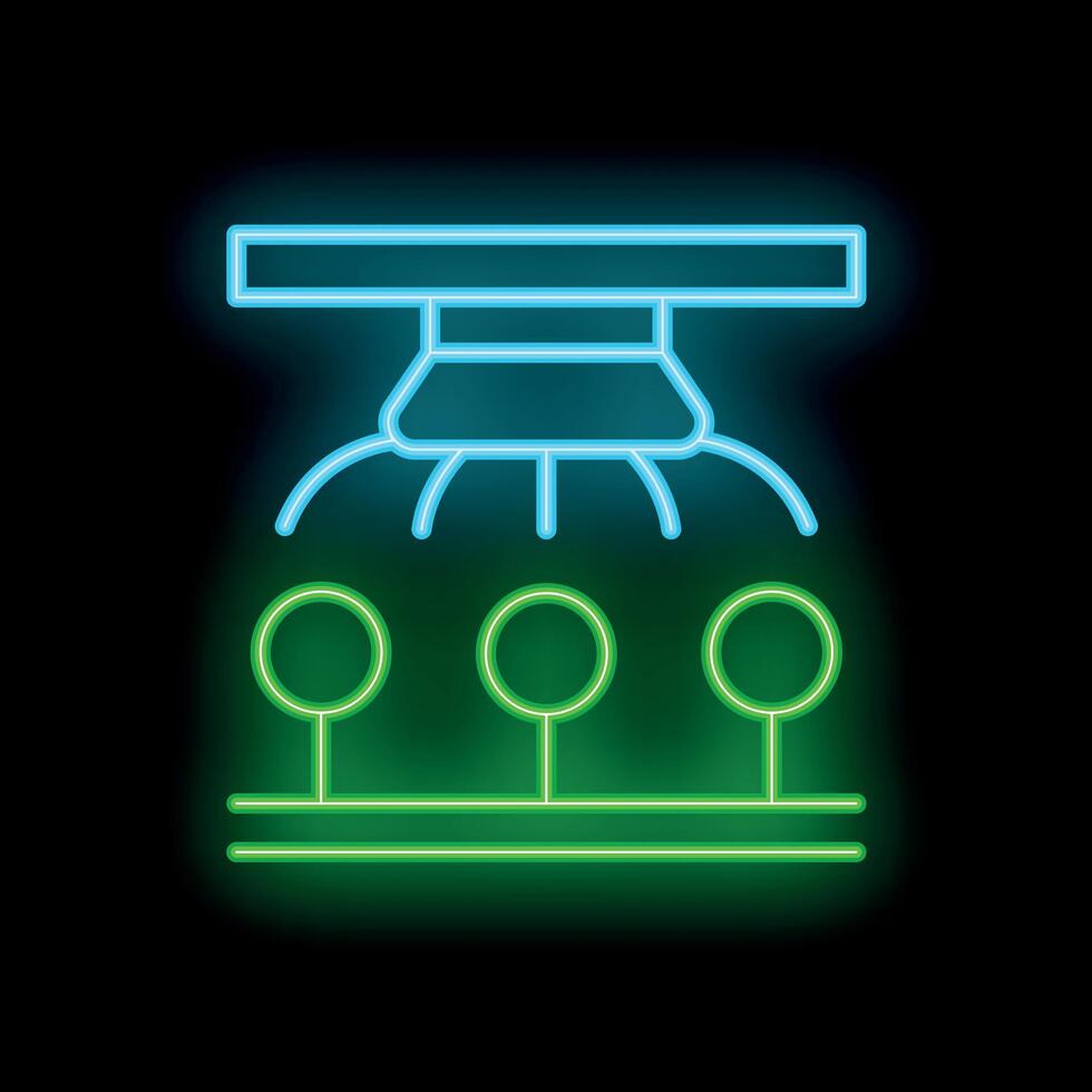 Neon icon of smart farm irrigation system watering plants vector