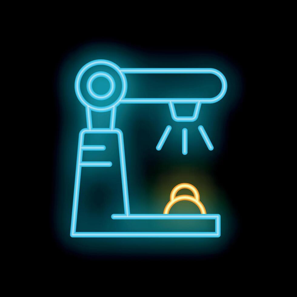 Neon icon of a robotic arm picking up a microchip on dark background vector