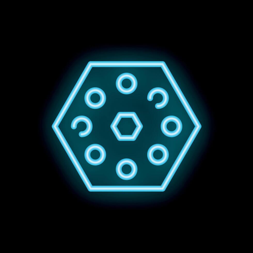 Neon style icon showing a hexagon with circles inside on black background vector