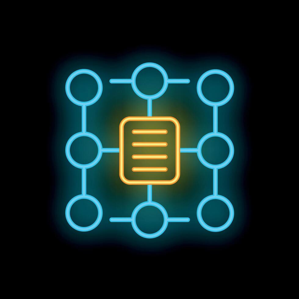 Neon document management system icon glowing on dark background vector