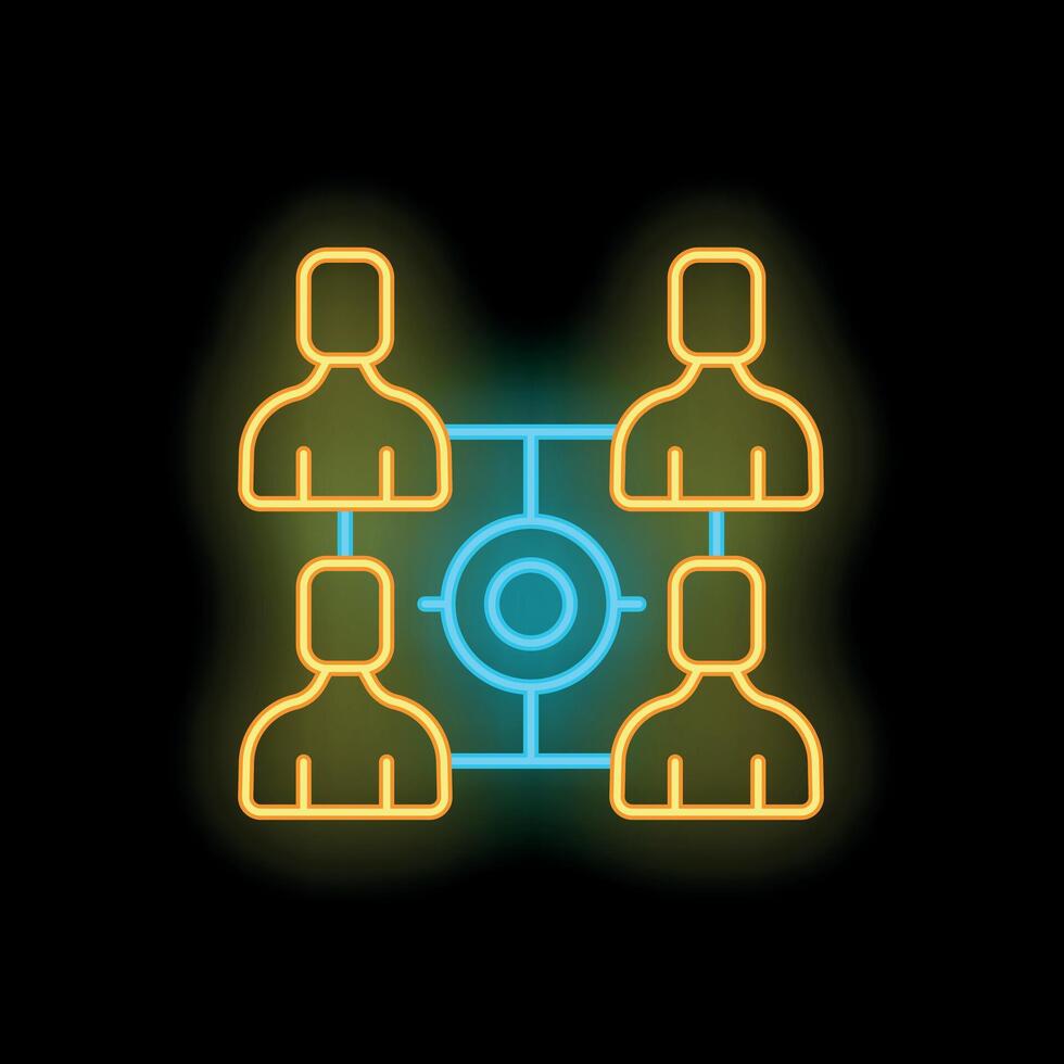 Neon icon of four businesspeople collaborating with target in the middle vector