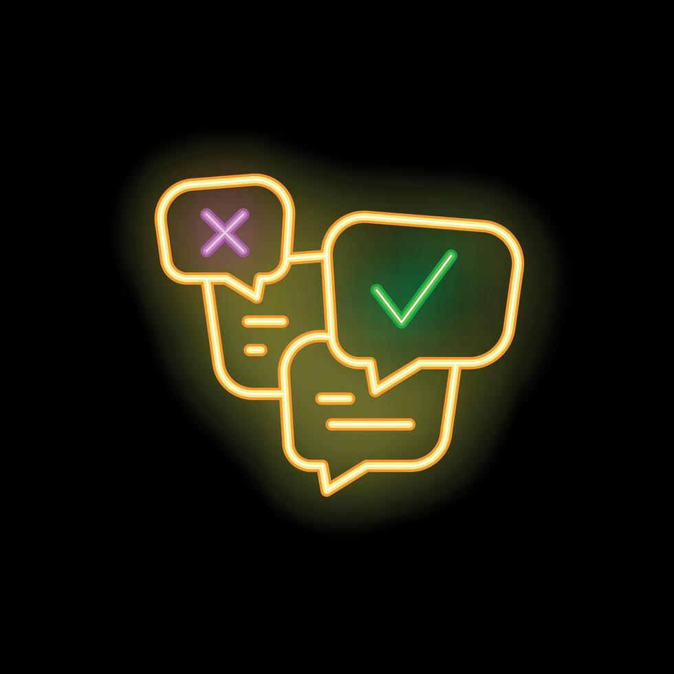 Neon icons showing speech bubbles with check and cross mark for feedback or messages vector