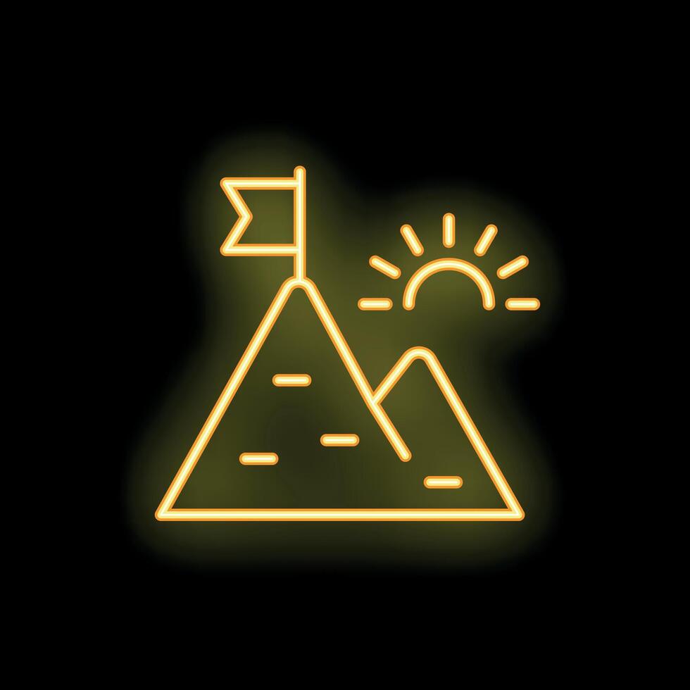 Neon sign representing reaching a goal with mountain flag and sun vector