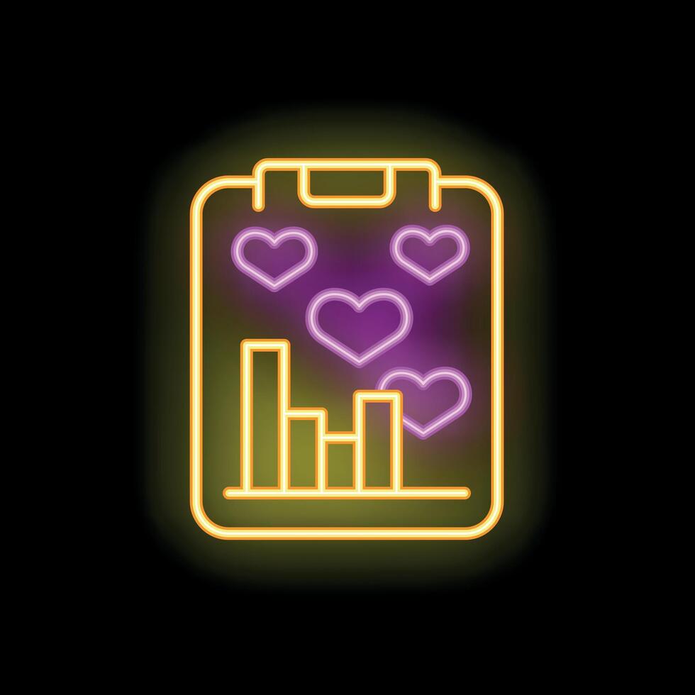 Neon icon showing clipboard displaying growing bar chart surrounded by hearts vector