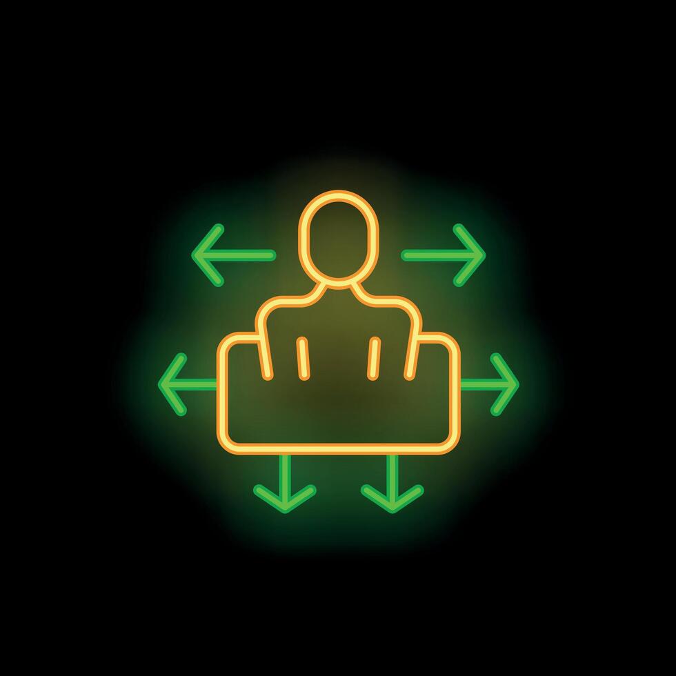 Neon icon of person sitting with arrows pointing in different directions vector