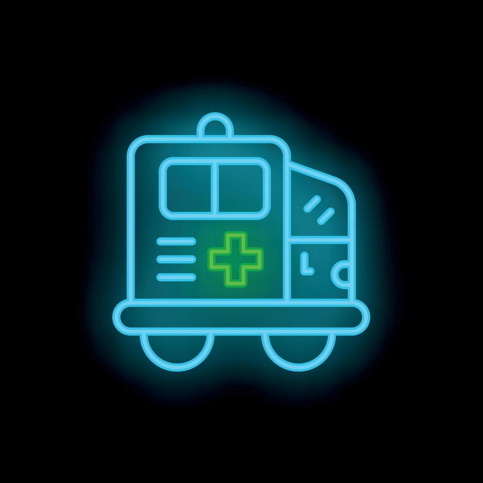 Neon ambulance icon glowing on dark background vector