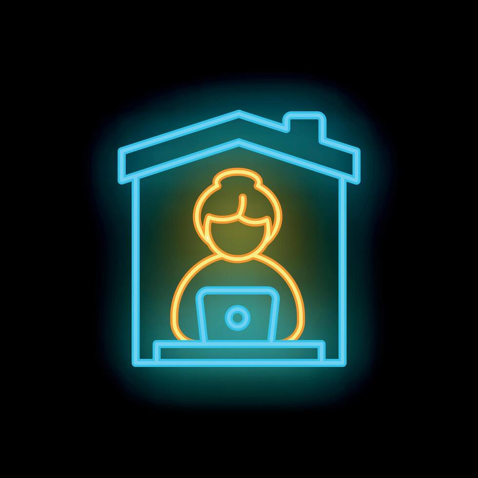 Neon sign of a woman working on her laptop at home vector