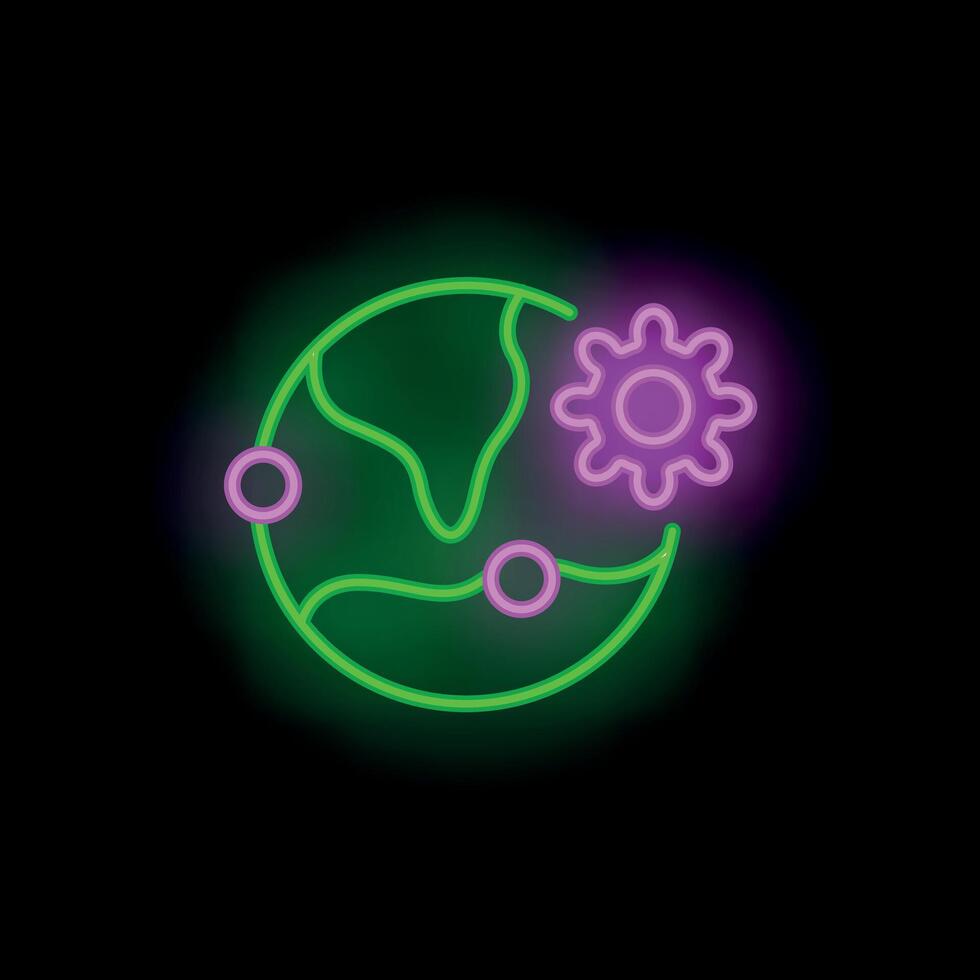 Neon icon of earth and gear representing global settings vector