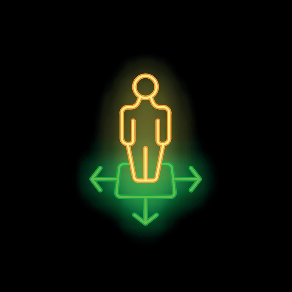 Neon icon of person choosing direction with arrows pointing different ways vector