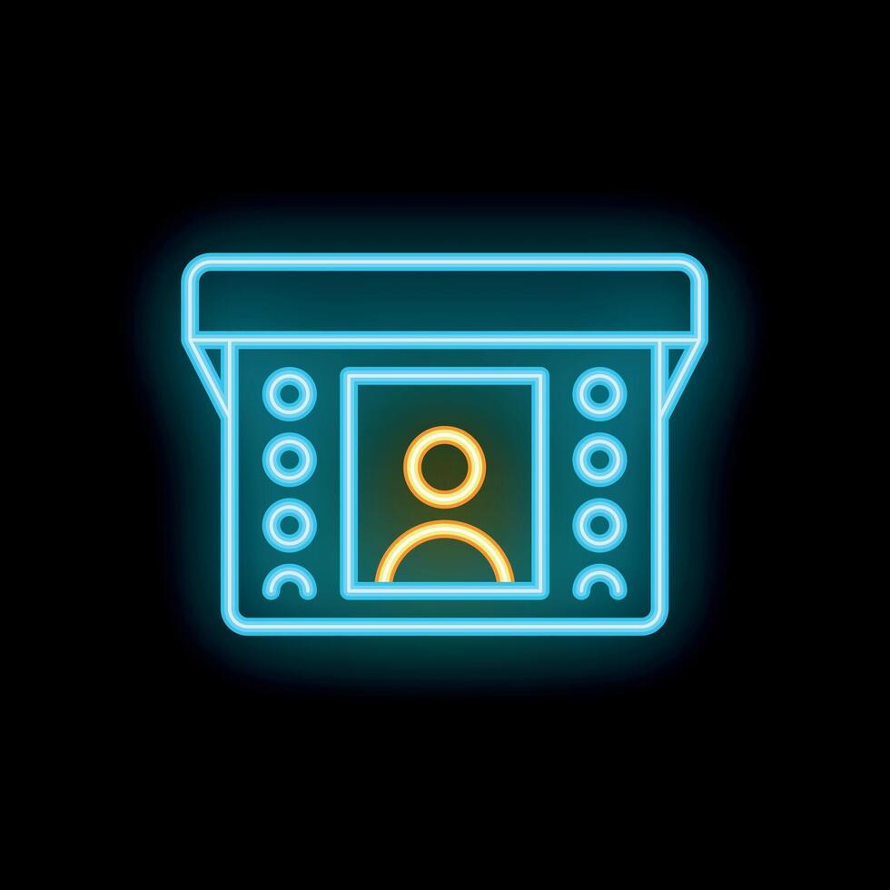 Neon icon of photo booth showing person taking picture vector