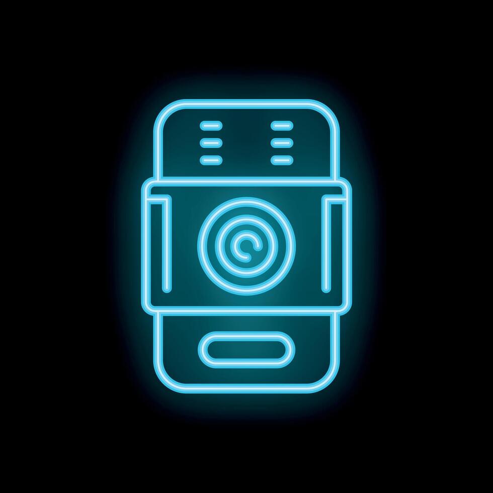 Blue neon copyright icon glowing on dark background vector