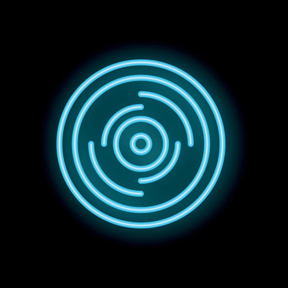 Blue neon sign showing a circle shape with concentric rings on a black background vector