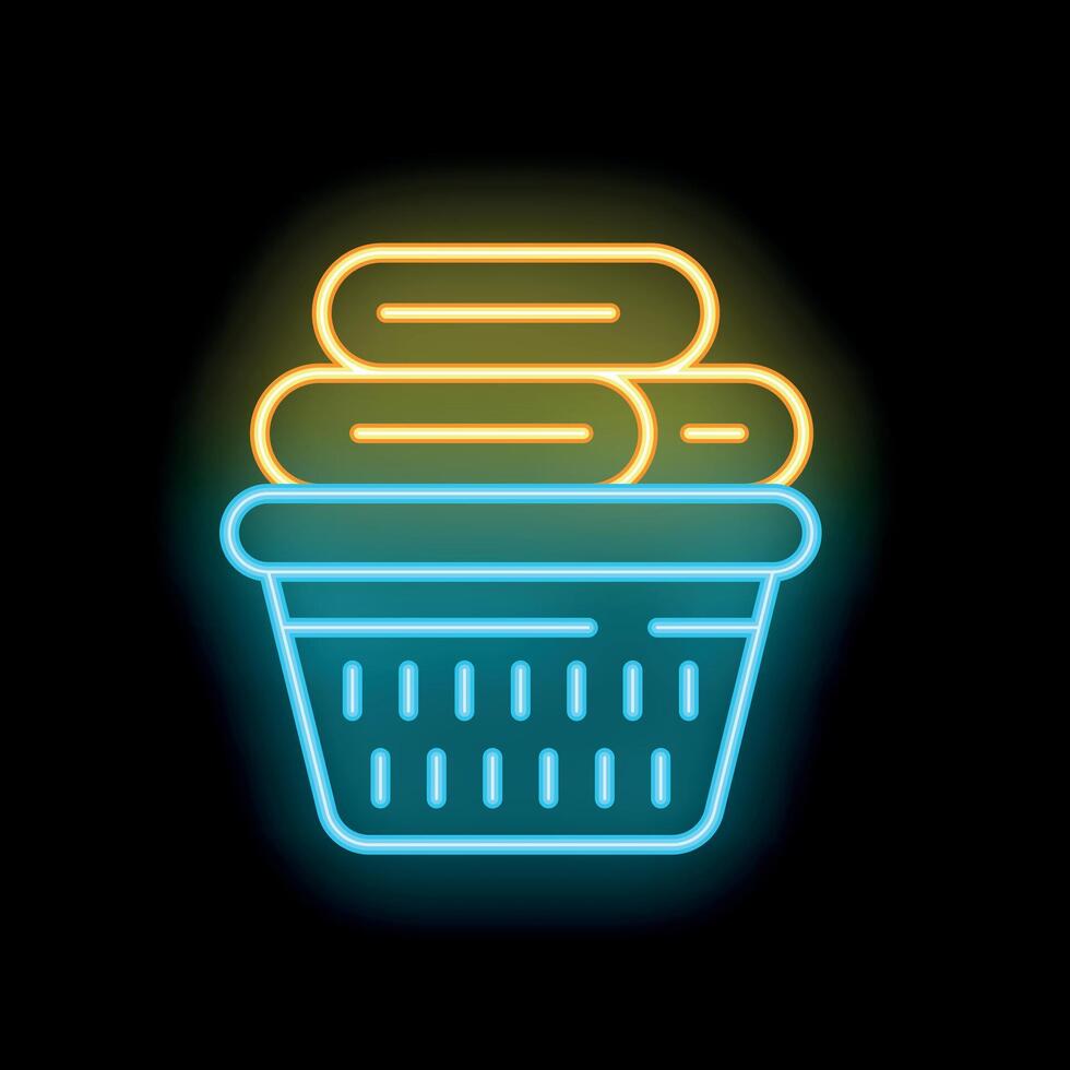 Neon laundry basket with folded clothes icon glowing on black background vector