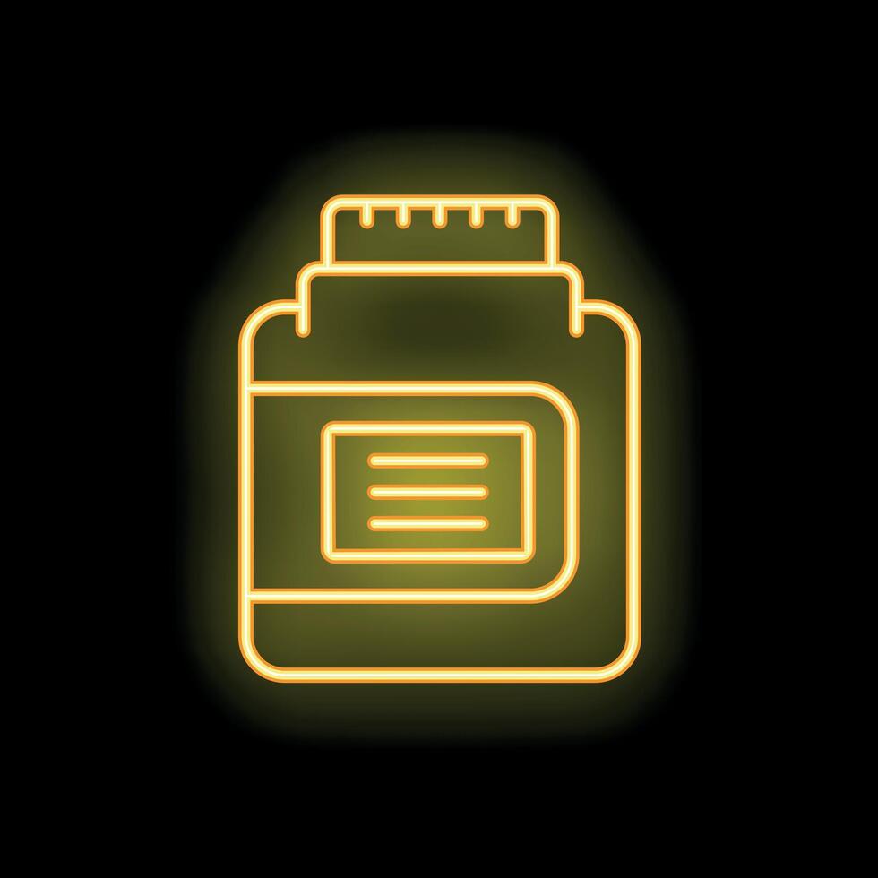 Yellow neon icon of a protein powder jar glowing on black background vector