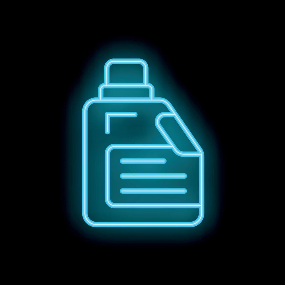 Blue neon icon of a detergent bottle glowing on black background vector