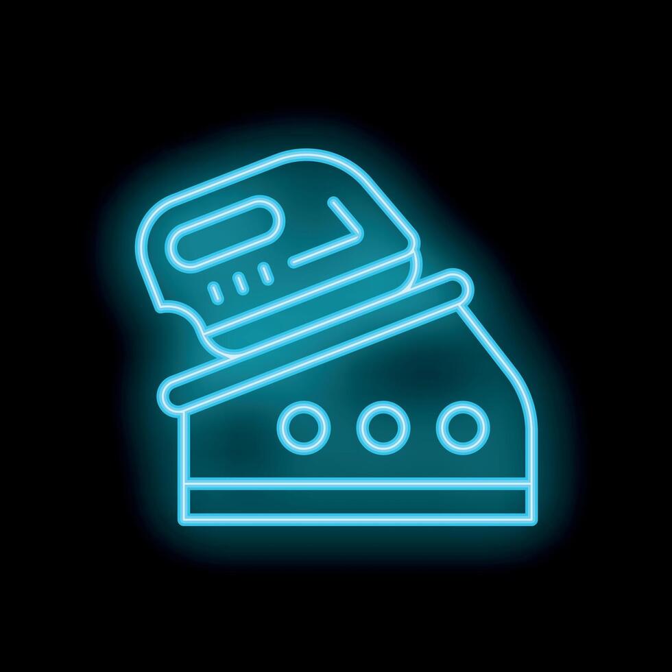 Neon icon of iron on black background representing laundry and domestic work vector