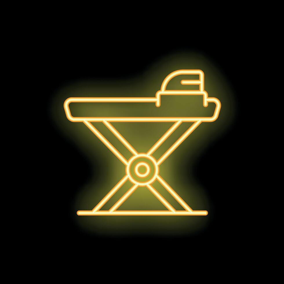 Glowing neon line icon of an ironing board with iron on it vector