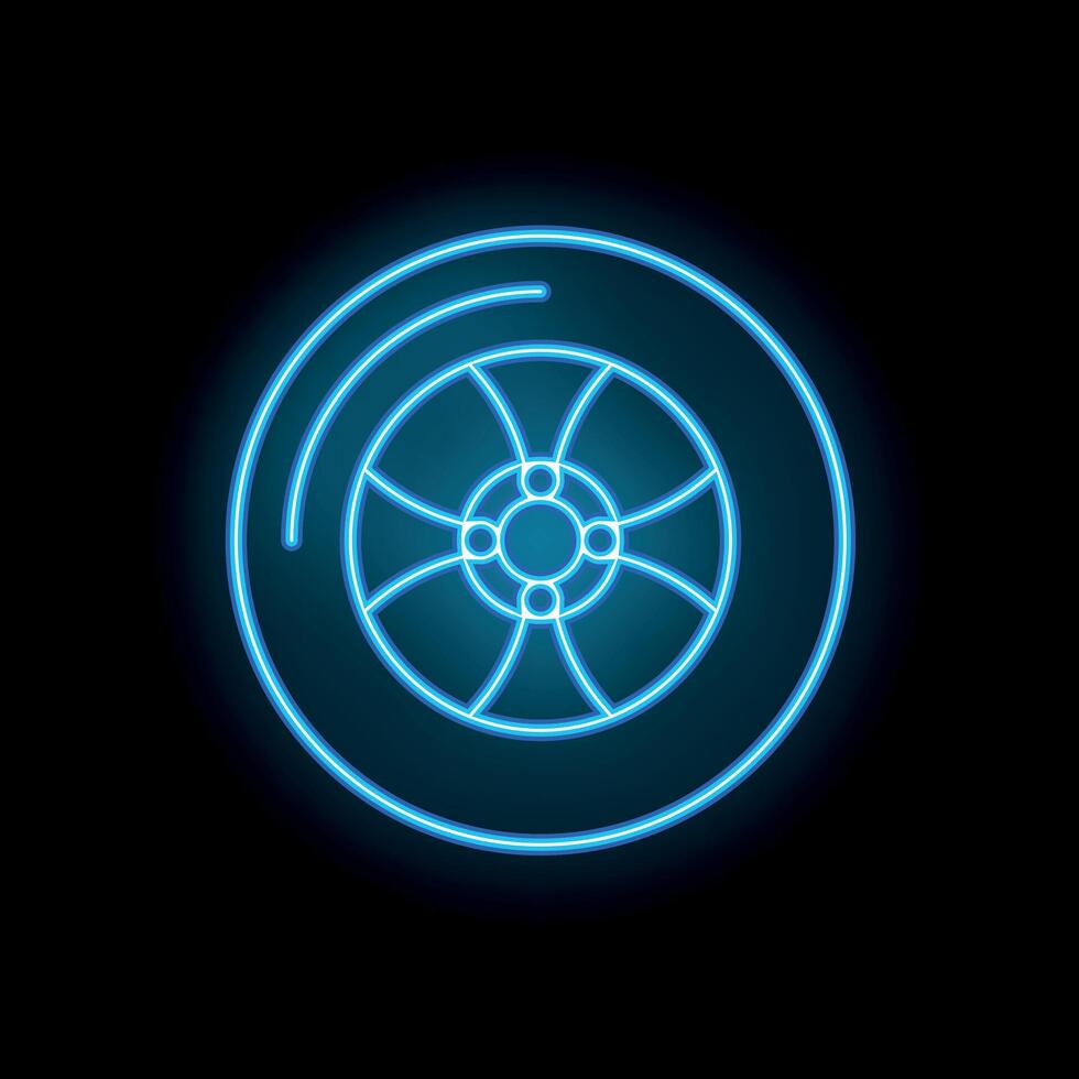 Neon icon of car wheel with disk brake glowing in blue color vector