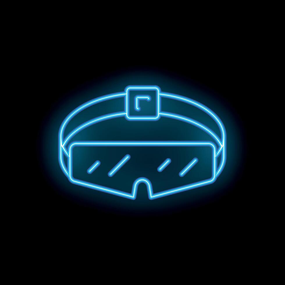 Neon icon of virtual reality headset glowing blue on black background vector