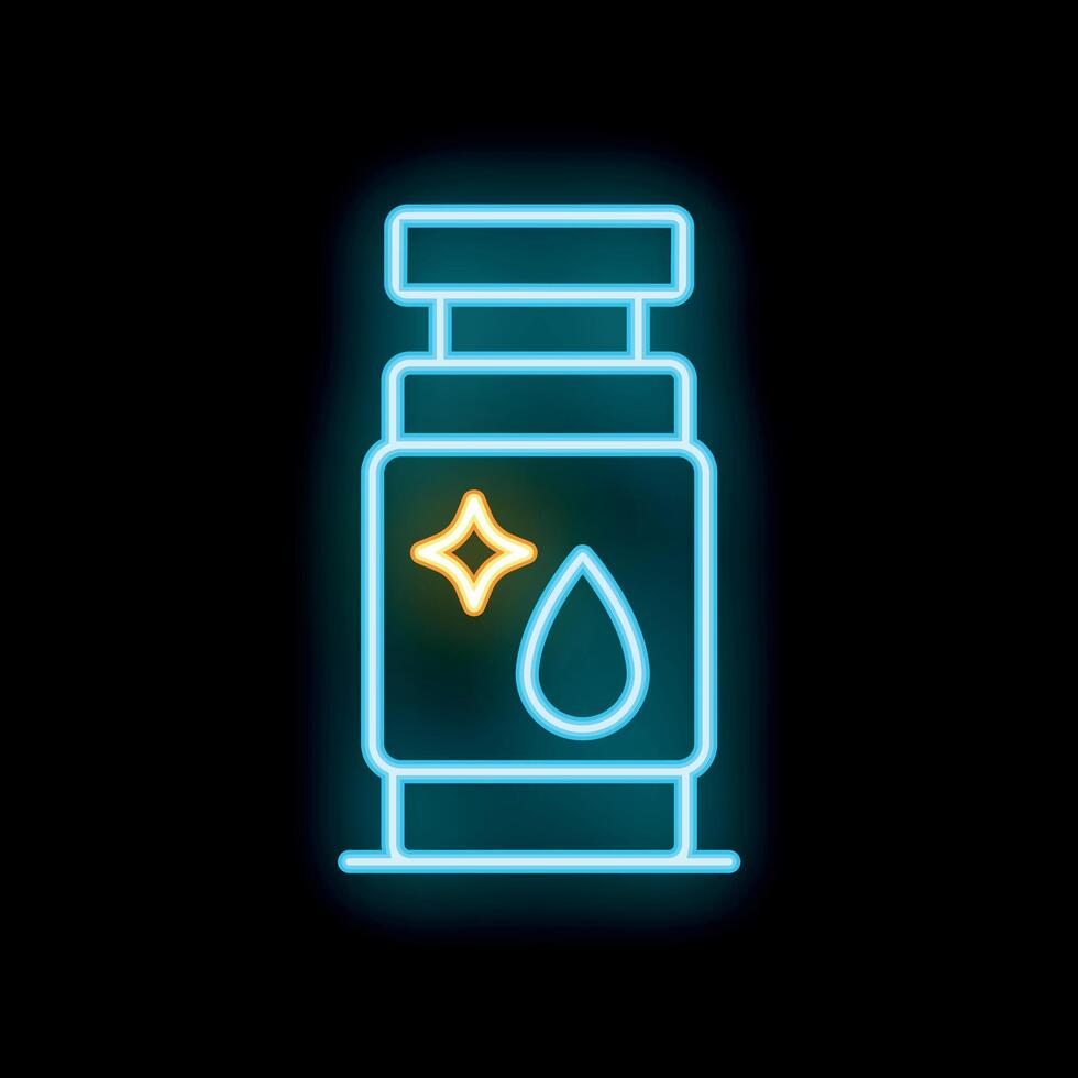 Glowing neon line cosmetic bottle icon isolated on black background for your projects vector