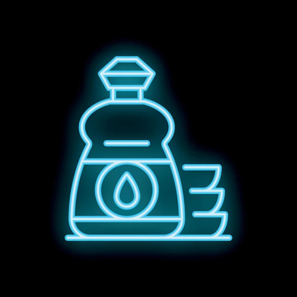 Neon sign of dishwashing liquid and clean dishes icon glowing on dark background vector