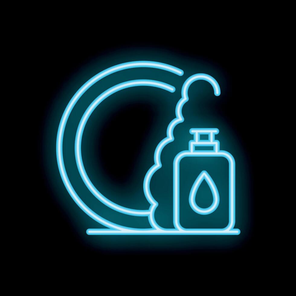 Neon icon of plates and detergent symbolizing dishwashing on black background vector