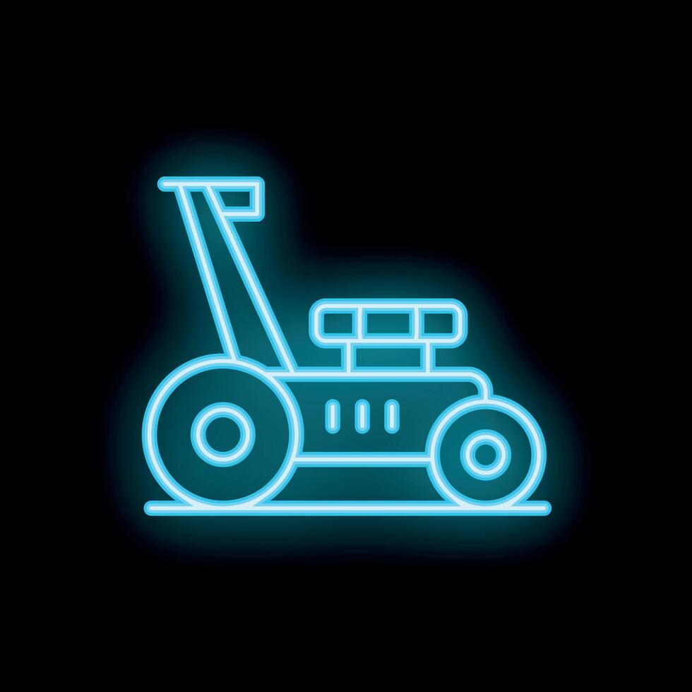 Blue neon sign of a lawn mower for gardening and landscaping on a black background vector