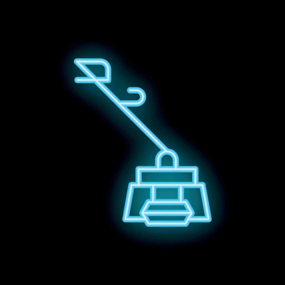 Blue neon icon of a cable car gondola hanging from a cable on black background vector