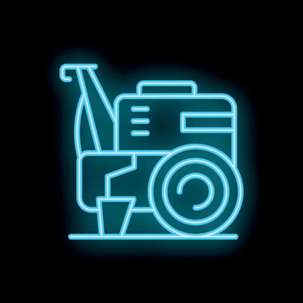 Blue neon icon of a snow thrower clearing snowdrift on black background vector