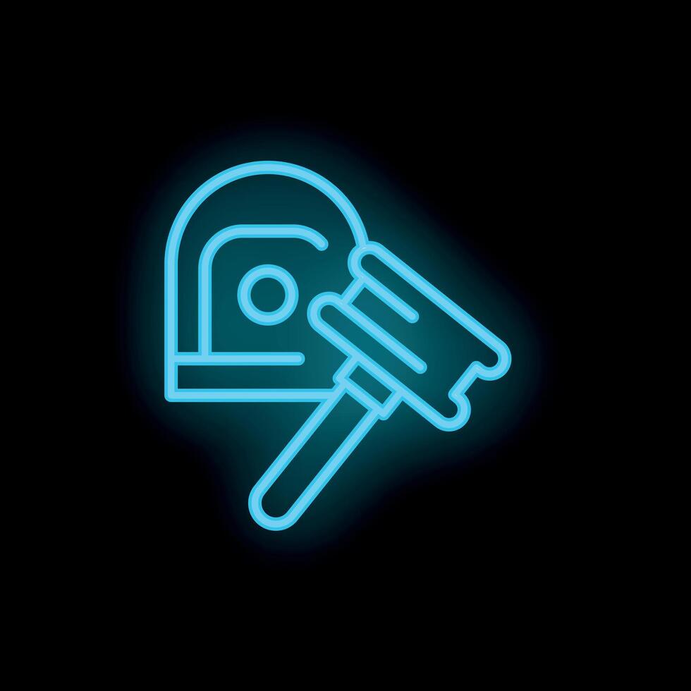 Gavel striking auction block in neon blue on black background vector